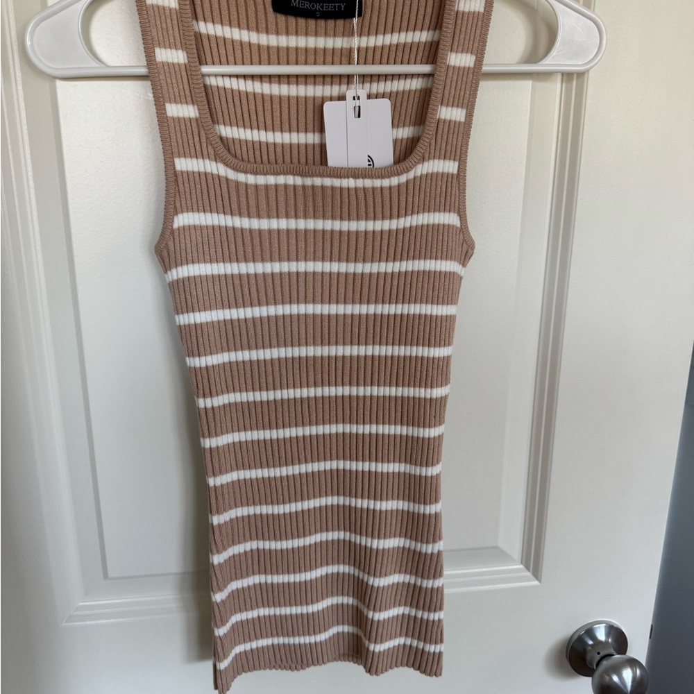 Mirosery Women's Ribbed Striped Tank Top - Brown and White